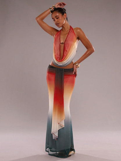 SHEIN BAE – Ensemble en patchwork avec écharpe flottante et taille élastique