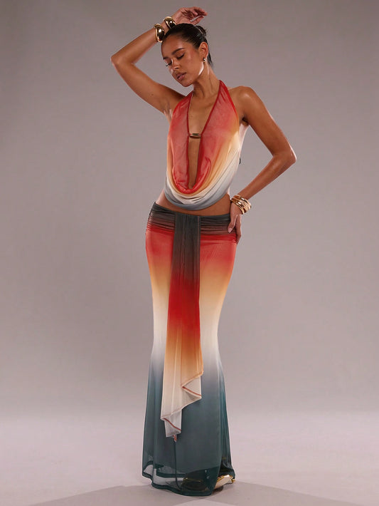 SHEIN BAE – Ensemble en patchwork avec écharpe flottante et taille élastique