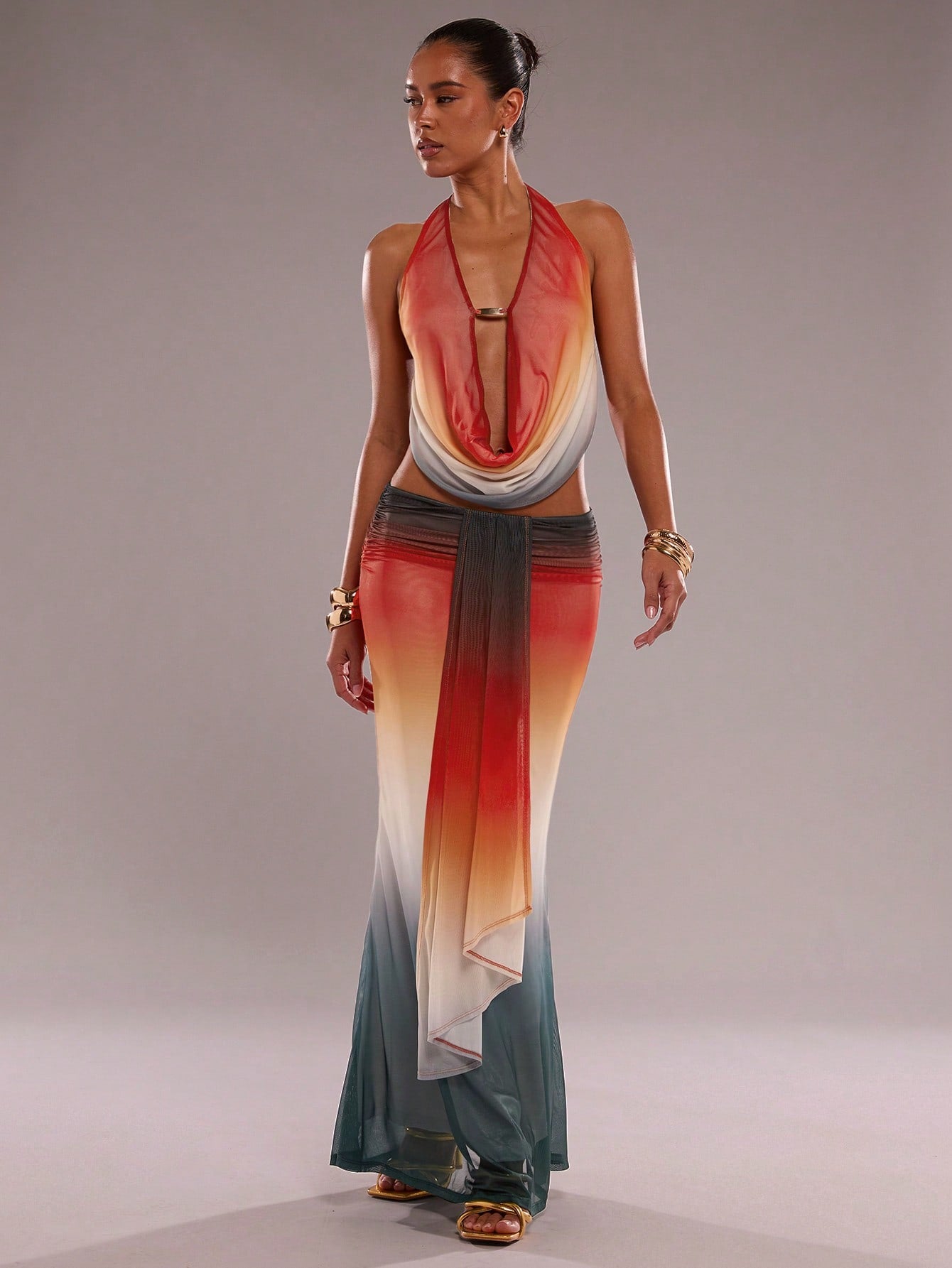 SHEIN BAE – Ensemble en patchwork avec écharpe flottante et taille élastique