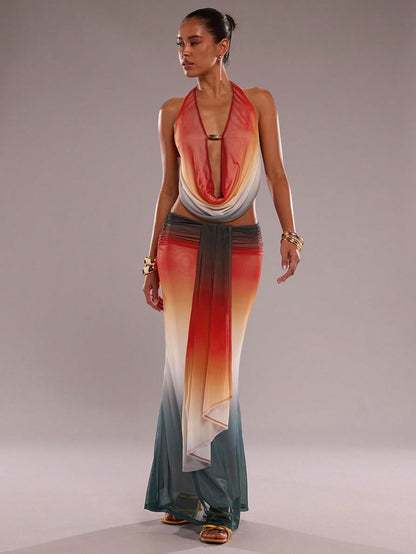 SHEIN BAE – Ensemble en patchwork avec écharpe flottante et taille élastique