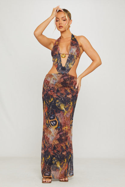 Sixtylia – Robe maxi à col plongeant et dos nu halter
