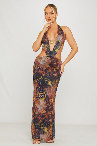 Sixtylia – Robe maxi à col plongeant et dos nu halter