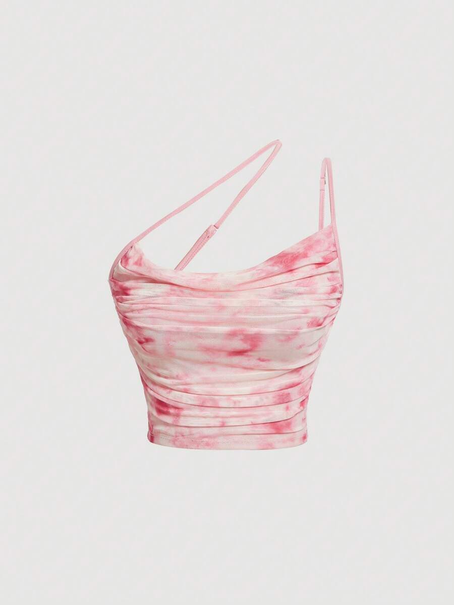 SHEIN MOD – Haut asymétrique tie-dye noir et blanc ruché à une épaule