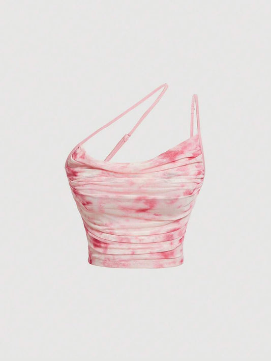 SHEIN MOD – Haut asymétrique tie-dye noir et blanc ruché à une épaule
