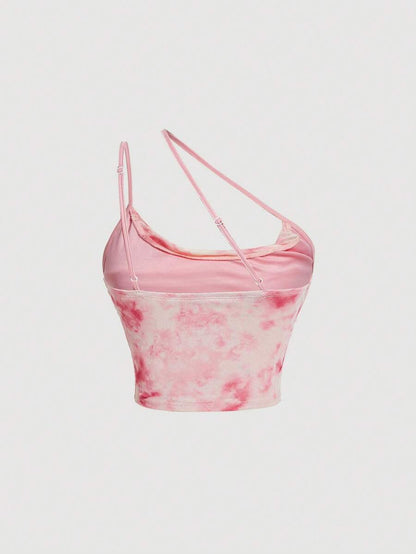 SHEIN MOD – Haut asymétrique tie-dye noir et blanc ruché à une épaule