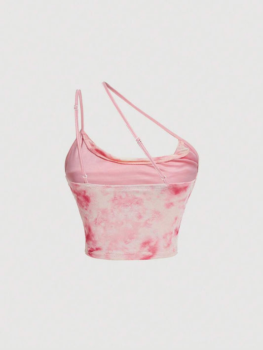 SHEIN MOD – Haut asymétrique tie-dye noir et blanc ruché à une épaule