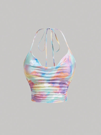 SHEIN MOD Top Court Tie Dye à Ras-du-Cou Drapé et Dos-Nu