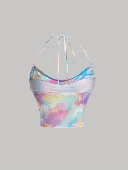 SHEIN MOD Top Court Tie Dye à Ras-du-Cou Drapé et Dos-Nu