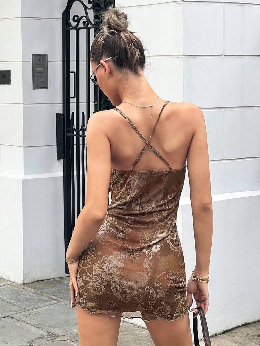 Robe Mini à Fines Brides en Tulle Imprimé à Col Drapé et Ourlet Ondulé