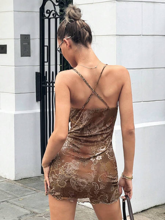 Robe Mini à Fines Brides en Tulle Imprimé à Col Drapé et Ourlet Ondulé
