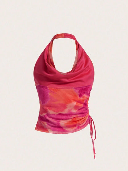 Aveloria – Top drapé à col ras-du-cou avec lacets et effet tie dye