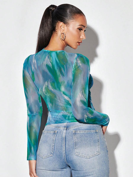 SHEIN BAE T-shirt Tie Dye à Ruché et Col en V