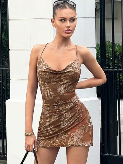 Robe Mini à Fines Brides en Tulle Imprimé à Col Drapé et Ourlet Ondulé