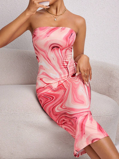 SHEIN PETITE – Robe Longue Bustier Rose à Motif Marbré