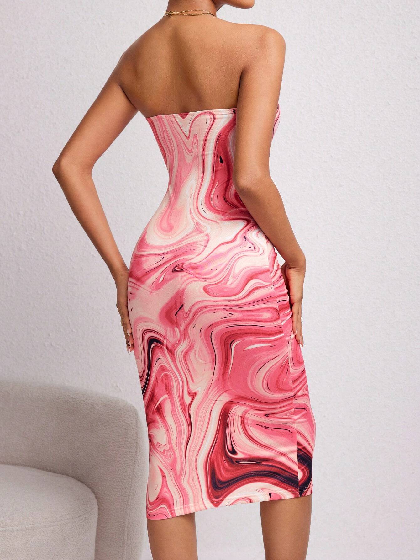 SHEIN PETITE – Robe Longue Bustier Rose à Motif Marbré