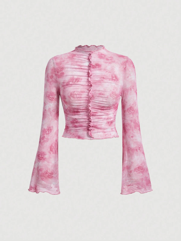 SHEIN MOD – Haut Rose à Manches Évasées et Imprimé Floral