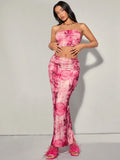 SHEIN BAE – Ensemble Bustier & Jupe Fendue Rose Bonbon à Imprimé Floral