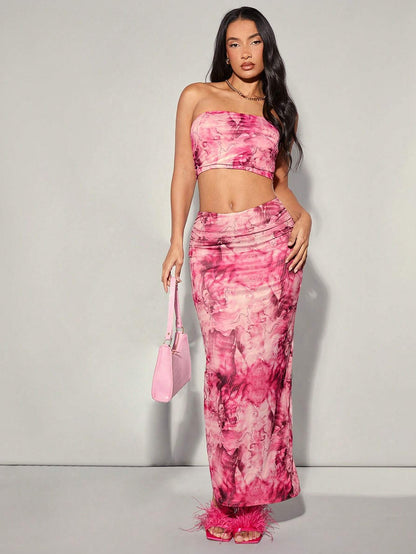SHEIN BAE – Ensemble Bustier & Jupe Fendue Rose Bonbon à Imprimé Floral