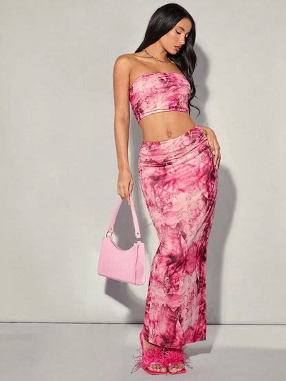SHEIN BAE – Ensemble Bustier & Jupe Fendue Rose Bonbon à Imprimé Floral