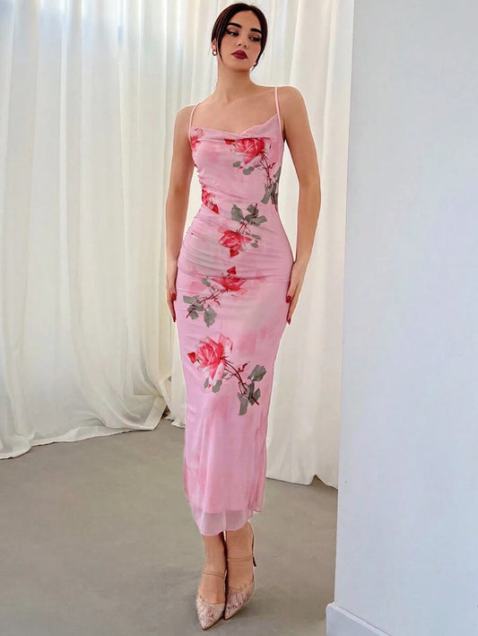 Aloruh – Robe Caraco Imprimée Roses à Col Bénitier