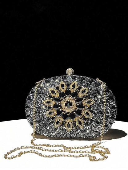 Dedoo – Sac de soirée ovale en strass avec chaîne dorée et design tournesol