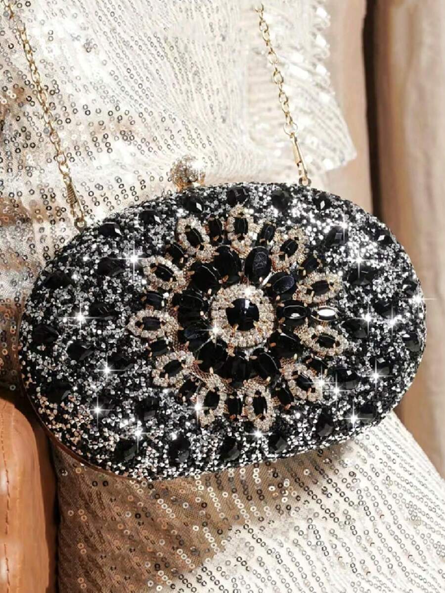 Dedoo – Sac de soirée ovale en strass avec chaîne dorée et design tournesol