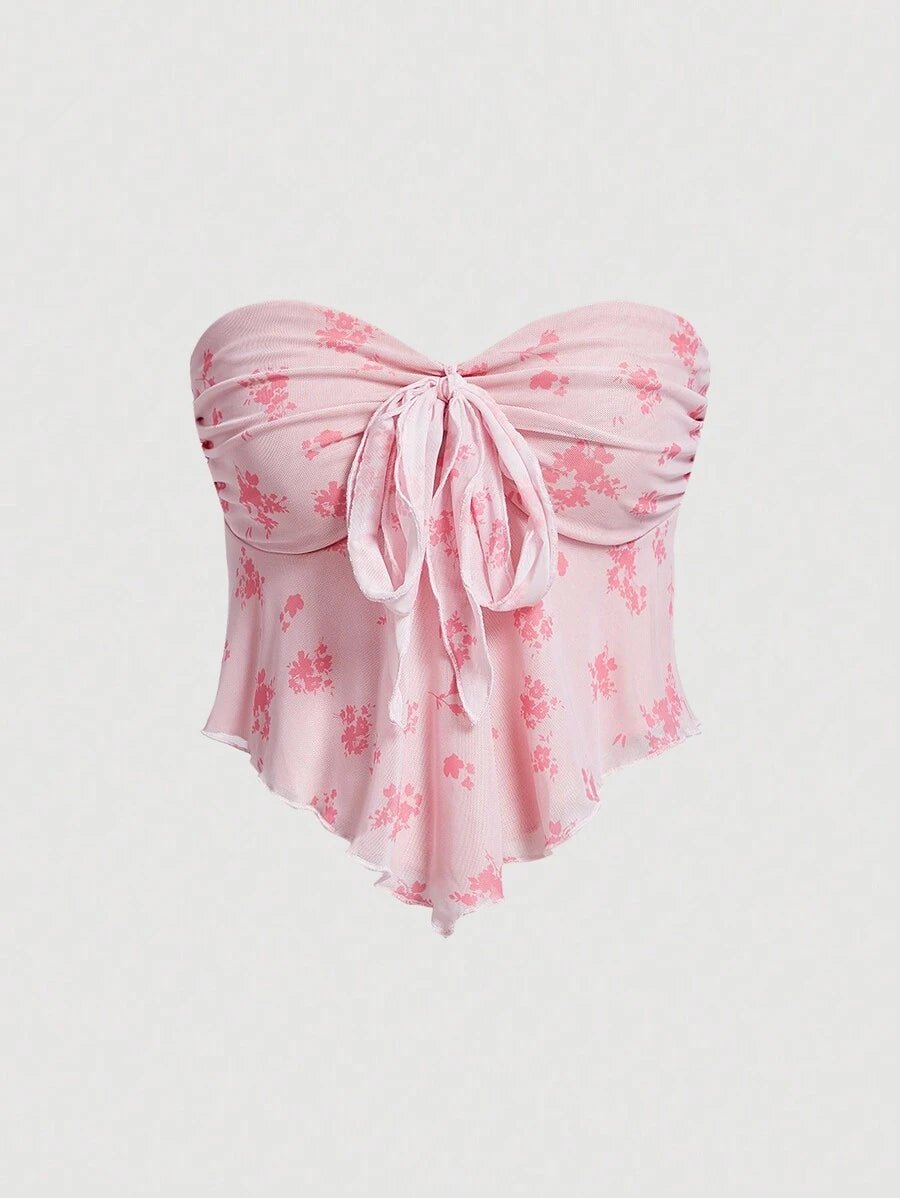 SHEIN MOD – Top bandeau plissé avec nœud et imprimé floral