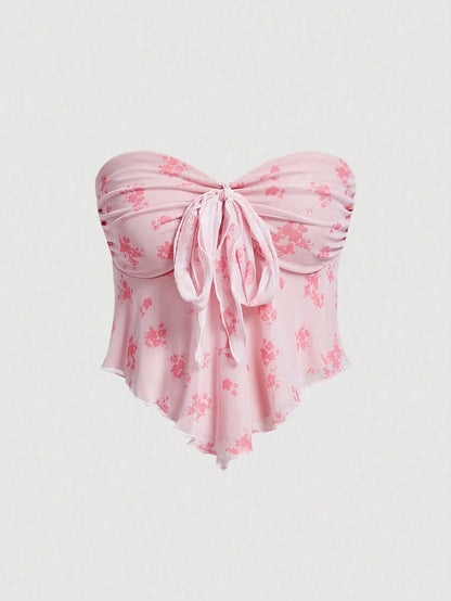 SHEIN MOD – Top bandeau plissé avec nœud et imprimé floral