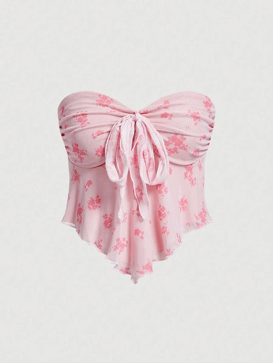 SHEIN MOD – Top bandeau plissé avec nœud et imprimé floral