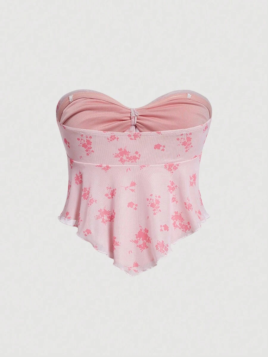 SHEIN MOD – Top bandeau plissé avec nœud et imprimé floral