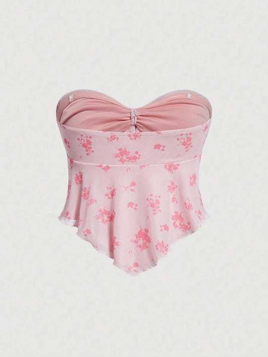 SHEIN MOD – Top bandeau plissé avec nœud et imprimé floral