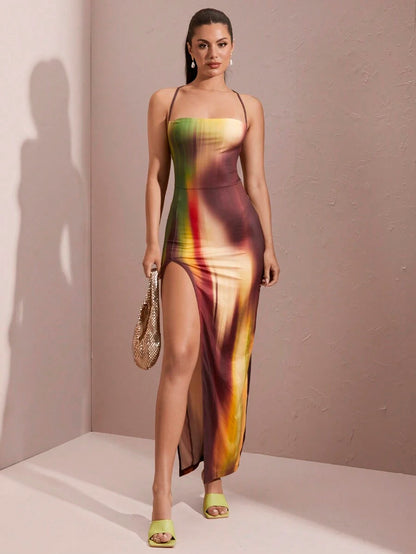 SHEIN BAE – Robe moulante à fines bretelles en tissu léger avec imprimé dégradé