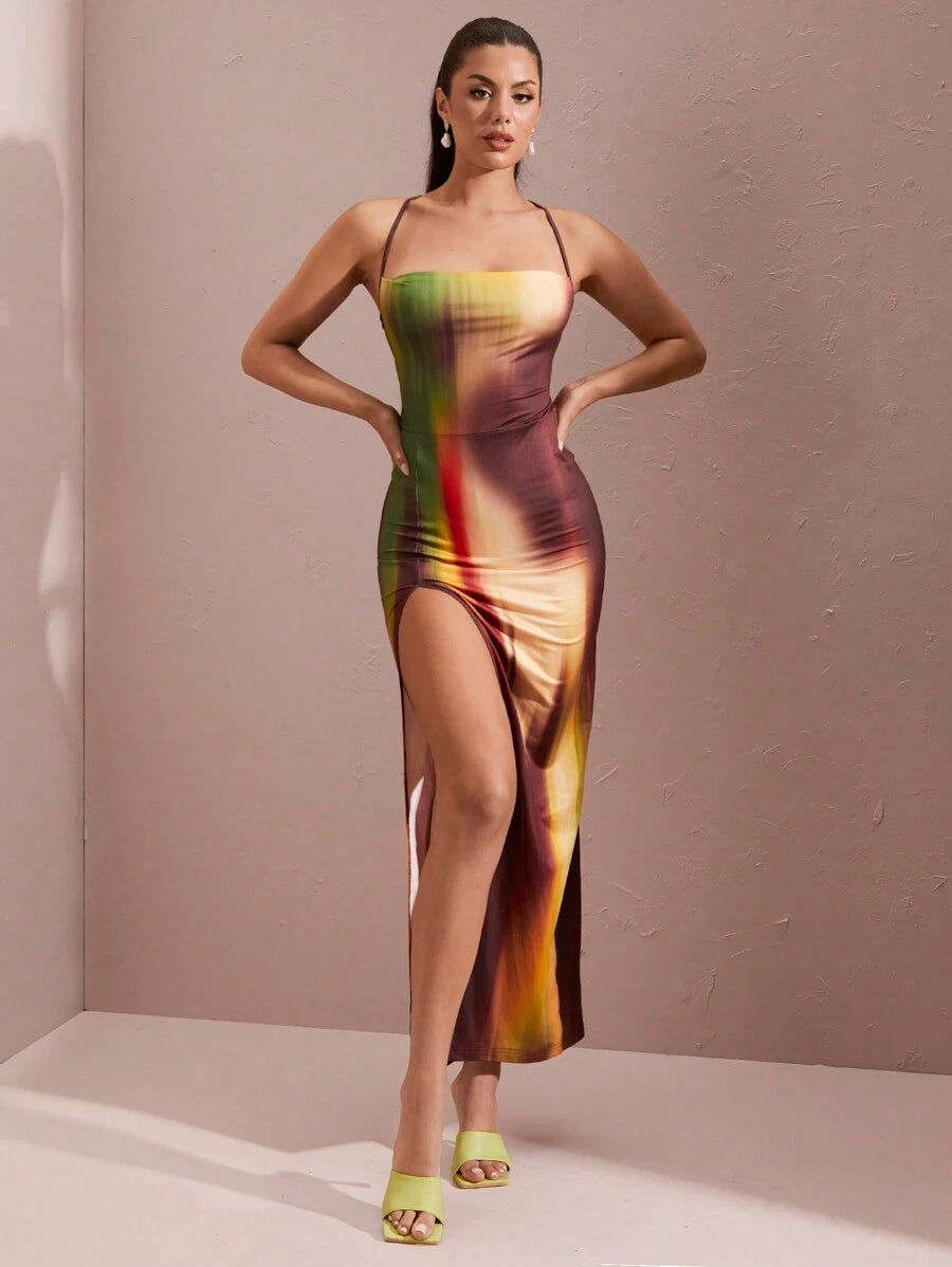 SHEIN BAE – Robe moulante à fines bretelles en tissu léger avec imprimé dégradé