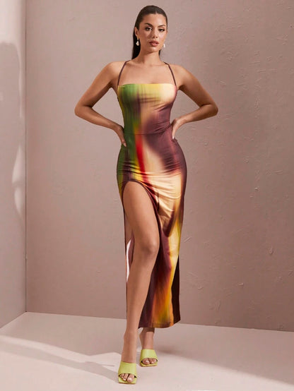 SHEIN BAE – Robe moulante à fines bretelles en tissu léger avec imprimé dégradé