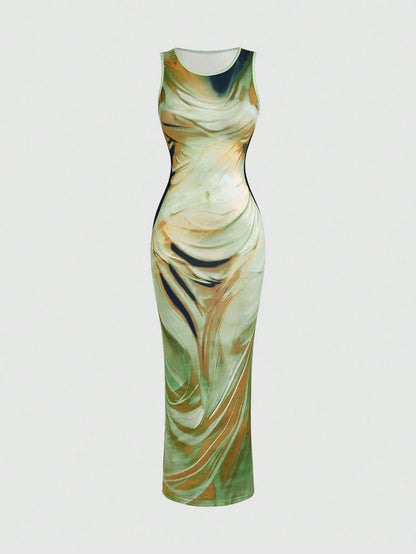 VaVaBold – Robe longue imprimée tie & dye verte