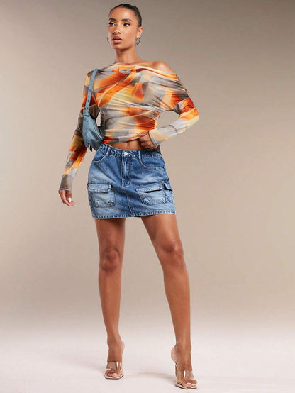 SHEIN BAE - Haut Court Asymétrique Froncé Imprimé Tie-Dye