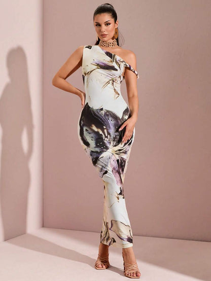 SHEIN BAE – Robe longue asymétrique à épaules dénudées et imprimé floral