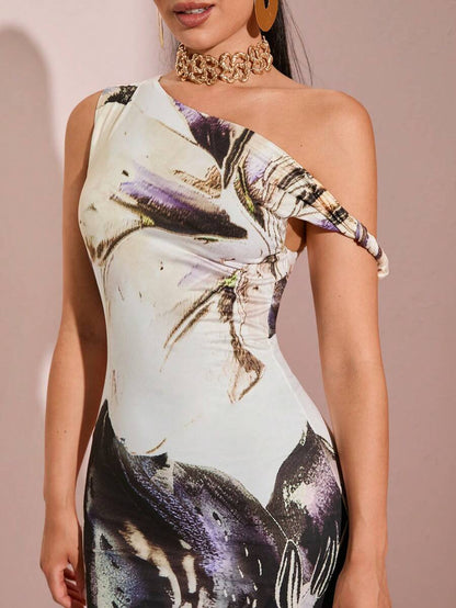 SHEIN BAE – Robe longue asymétrique à épaules dénudées et imprimé floral