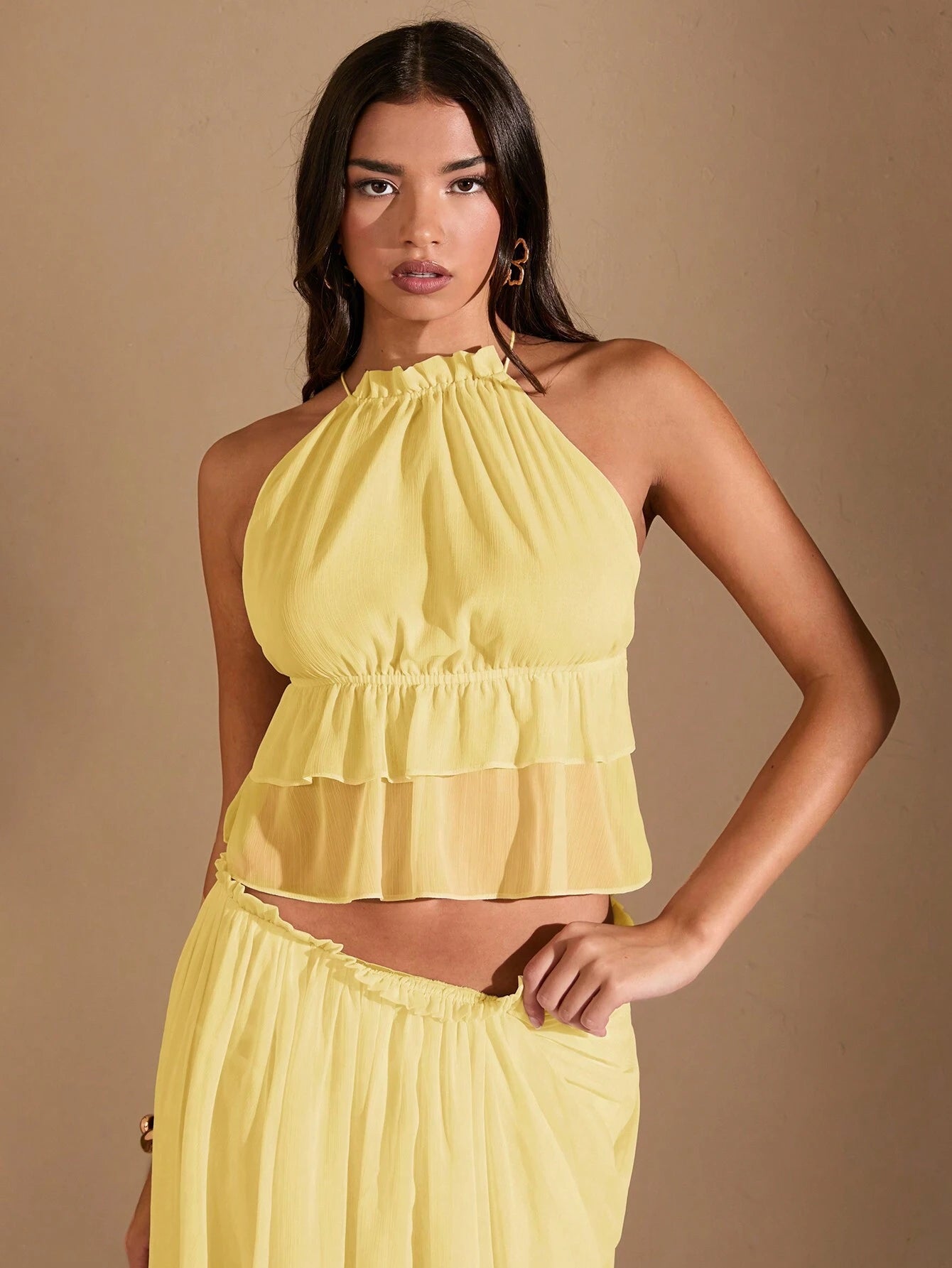SHEIN BAE – Débardeur unicolore abricot avec ourlet froncé à dos-nu et bretelles spaghetti