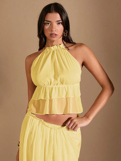 SHEIN BAE – Débardeur unicolore abricot avec ourlet froncé à dos-nu et bretelles spaghetti