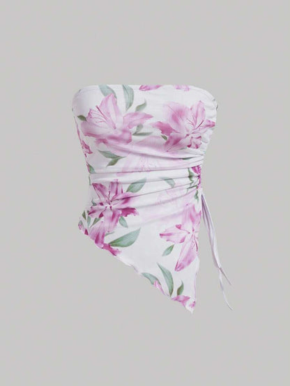 SHEIN MOD – Top tube à ourlet asymétrique avec imprimé floral et coupe estivale
