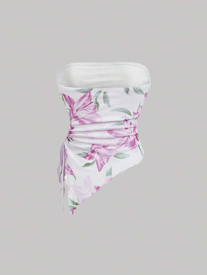 SHEIN MOD – Top tube à ourlet asymétrique avec imprimé floral et coupe estivale