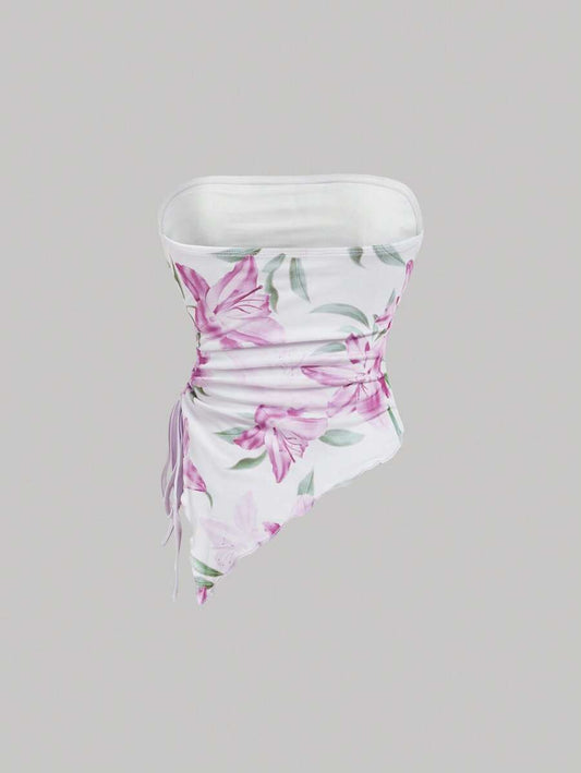 SHEIN MOD – Top tube à ourlet asymétrique avec imprimé floral et coupe estivale