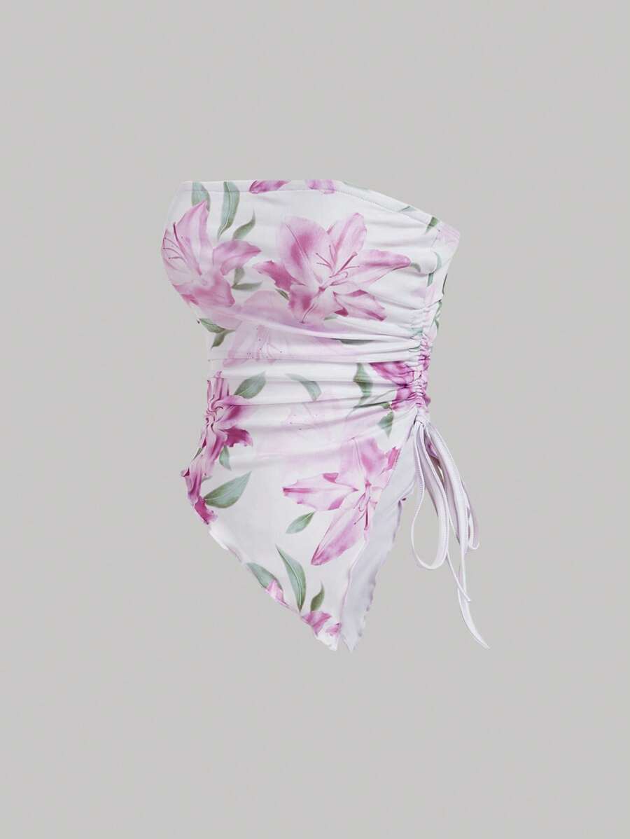 SHEIN MOD – Top tube à ourlet asymétrique avec imprimé floral et coupe estivale