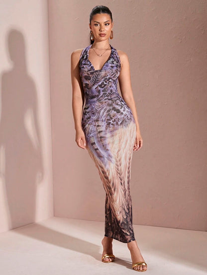 SHEIN BAE – Robe élégante à col drapé et imprimé animal, coupe queue de poisson