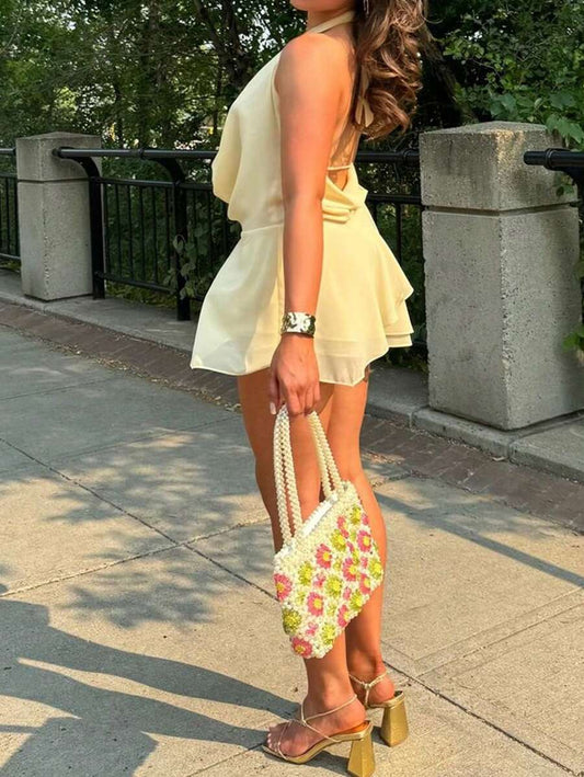 Robe mini sexy d'été – Col drapé, nœud devant, coupe ajustée