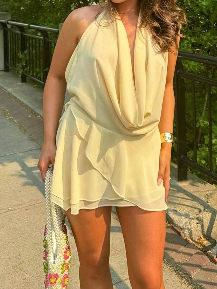 Robe mini sexy d'été – Col drapé, nœud devant, coupe ajustée