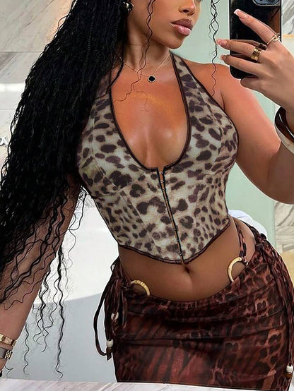 Apperloth A – Top corset à lacets croisés au dos, baleines, imprimé léopard