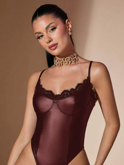 SHEIN BAE – Body sexy en PU avec patchwork en dentelle et coupe ajustée