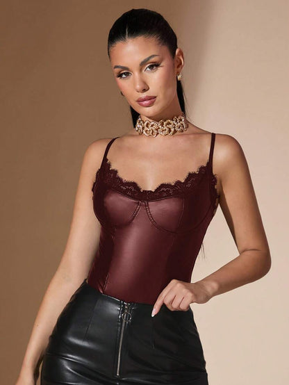 SHEIN BAE – Body sexy en PU avec patchwork en dentelle et coupe ajustée